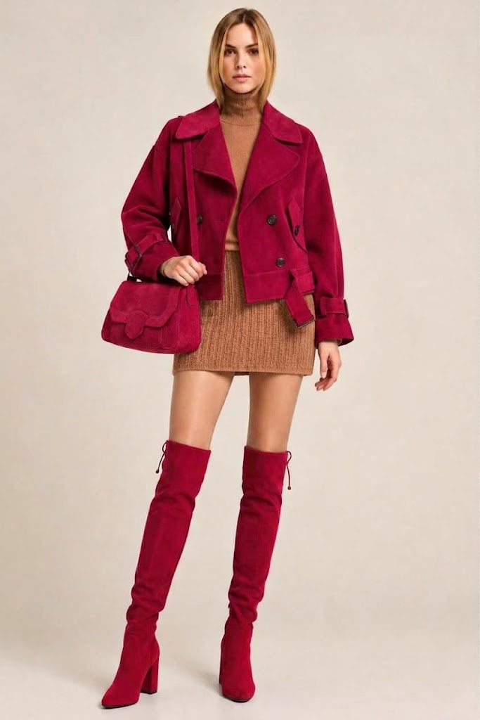 Women's cherry red custom-made thigh-high boots with round toe and high block heel- Top view